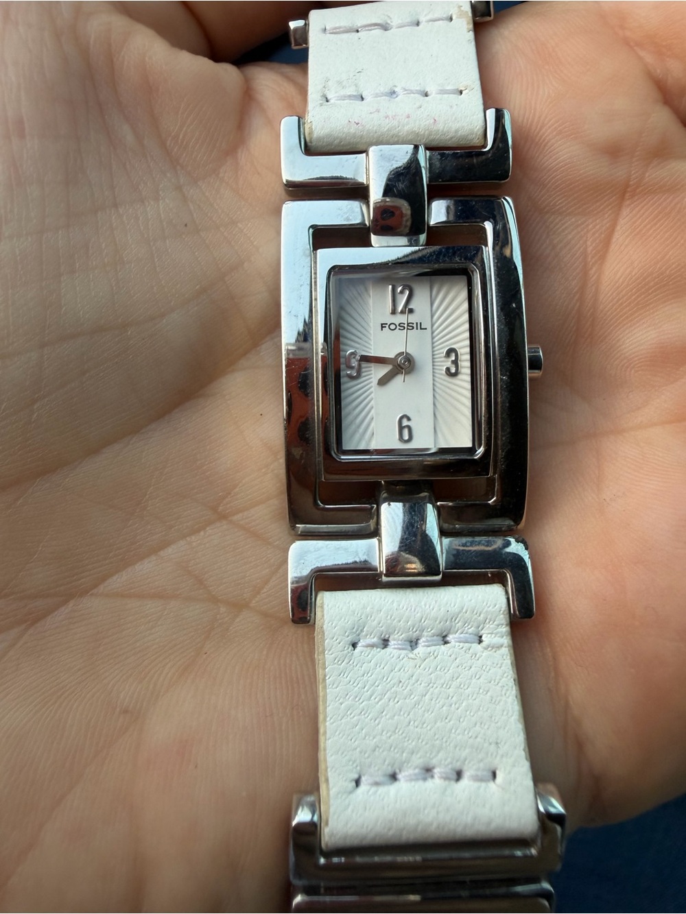 Vintage Fossil Silver-Tone Rectangular Watch with White Leather Strap